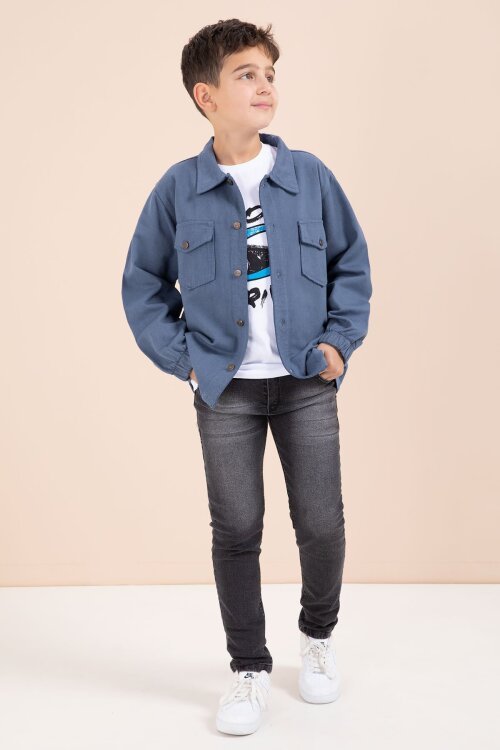 Mavi Düğmeli Cepli Gömlekli Jean Pantolonlu Erkek Çocuk 3lü Takım 23634