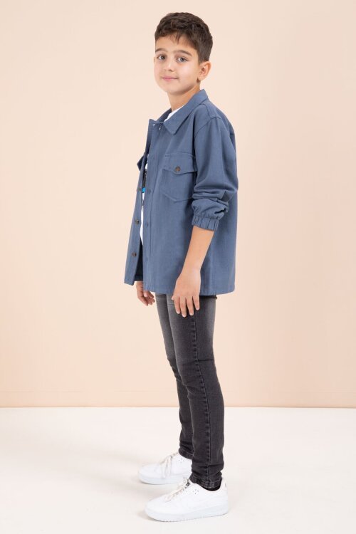 Mavi Düğmeli Cepli Gömlekli Jean Pantolonlu Erkek Çocuk 3lü Takım 23634