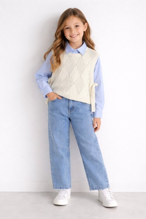 Mavi Düğmeli Gömlekli Jean Pantolonlu Kız Çocuk Triko Süveterli 3lü Takım 23534