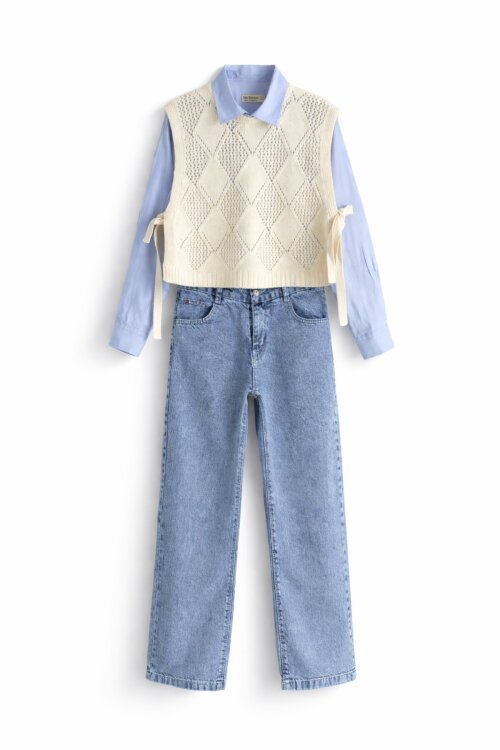 Mavi Düğmeli Gömlekli Jean Pantolonlu Kız Çocuk Triko Süveterli 3lü Takım 23534