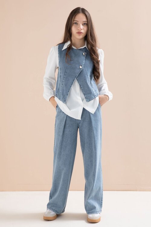 Mavi Düğmeli Jean Yelekli ve Pantolonlu Kız Çocuk Gömlekli 3lü Takım 23598