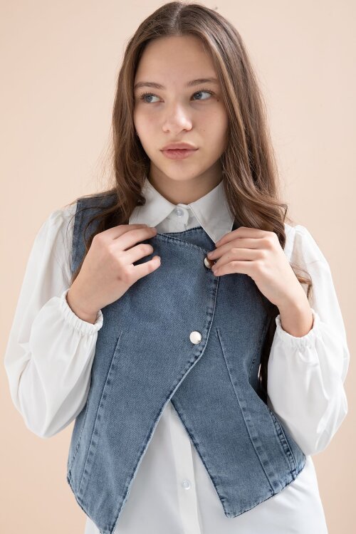 Mavi Düğmeli Jean Yelekli ve Pantolonlu Kız Çocuk Gömlekli 3lü Takım 23598