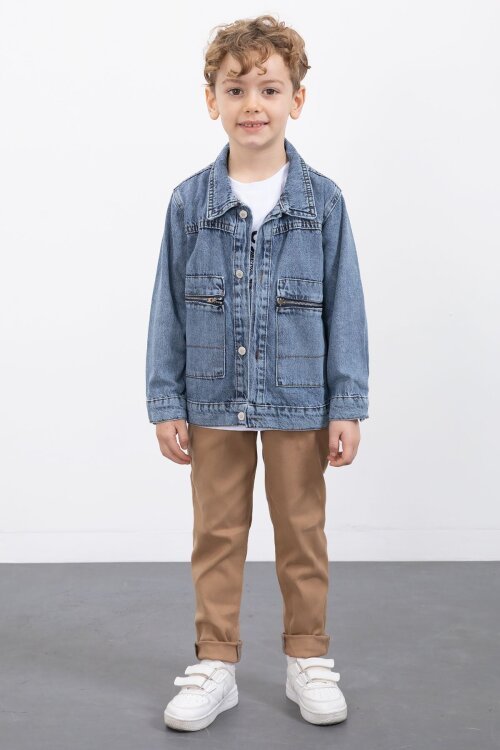 Mavi Fermuar Cepli Jean Ceketli Erkek Çocuk Pantolonlu 3lü Takım 20019