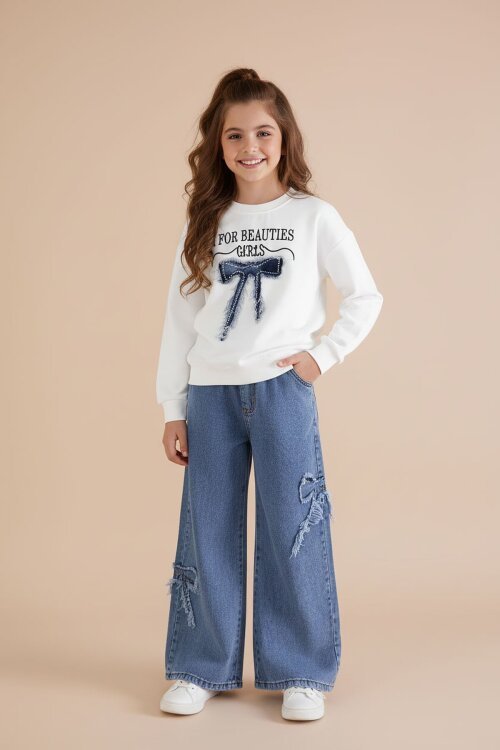 Mavi Fiyonk Detaylı Kız Çocuk 2li Takım 23415