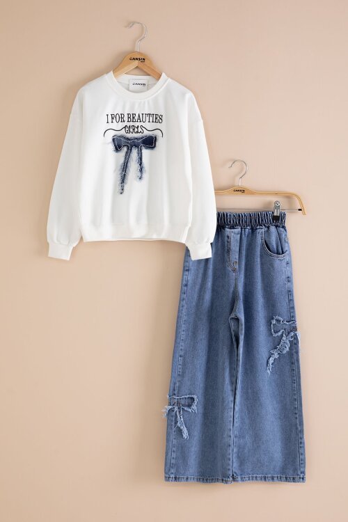 Mavi Fiyonk Detaylı Kız Çocuk 2li Takım 23415