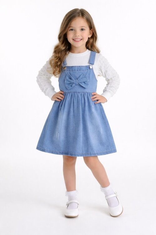 Mavi Fiyonklu Salopetli ve Kol Detaylı Badili Kız Çocuk 2li Takım 20510