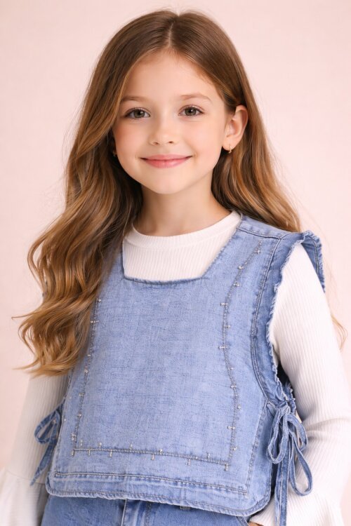 Mavi Geniş Paça Pantolonlu Taş Detaylı 3lü Kız Çocuk Jean Takım 23740