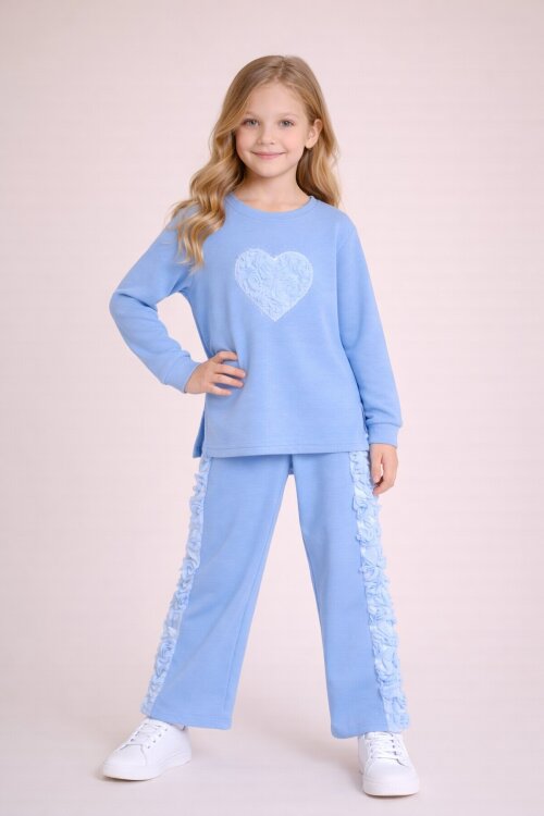 Mavi Gül Detaylı Geniş Paça Pantolonlu Kız Çocuk Badili 2li Takım 23731