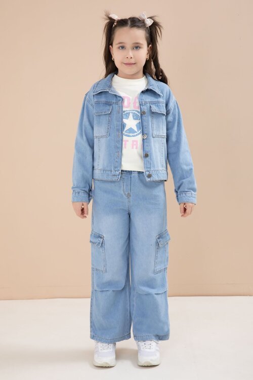 Mavi Jean Ceketli Kargo Cepli  Pantolonlu Kız Çocuk Badili 3lü Alt Üst Takım 23614