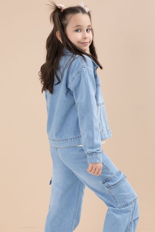 Mavi Jean Ceketli Kargo Cepli  Pantolonlu Kız Çocuk Badili 3lü Alt Üst Takım 23614