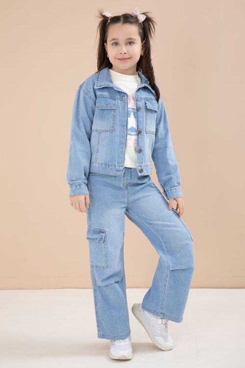 Mavi Jean Ceketli Kargo Cepli  Pantolonlu Kız Çocuk Badili 3lü Alt Üst Takım 23614