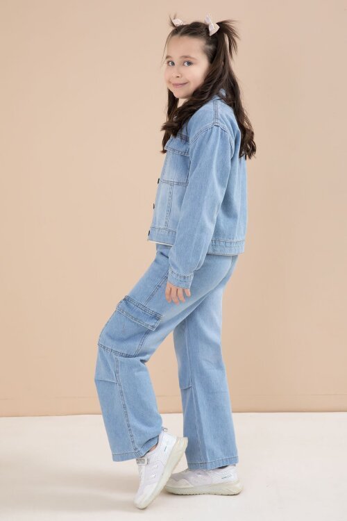 Mavi Jean Ceketli Kargo Cepli  Pantolonlu Kız Çocuk Badili 3lü Alt Üst Takım 23614
