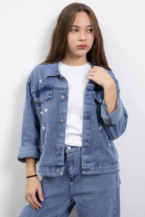 Mavi Kalp Desenli Düğmeli Ceketli Pantolonlu Kız Çocuk Jean Takım 23475