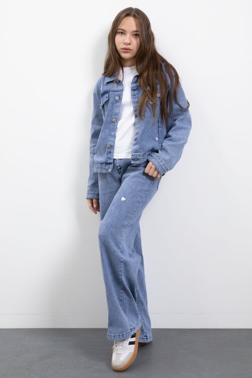 Mavi Kalp Desenli Düğmeli Ceketli Pantolonlu Kız Çocuk Jean Takım 23475