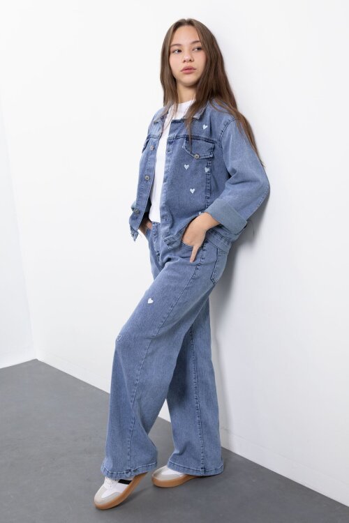 Mavi Kalp Desenli Düğmeli Ceketli Pantolonlu Kız Çocuk Jean Takım 23475