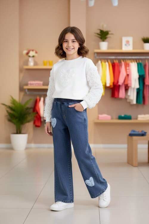 Mavi Kalp Detaylı Kız Çocuk 2li Takım 23417