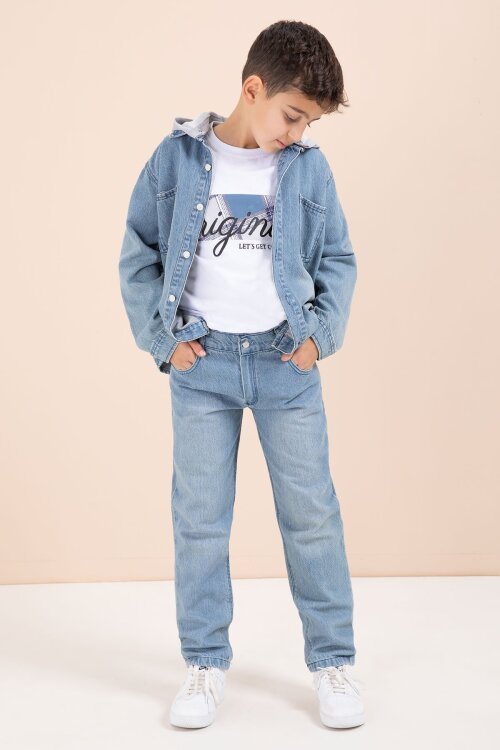 Mavi Kapüşonlu Ceketli Pantolonlu Erkek Çocuk 3lü Jean Takım  23624