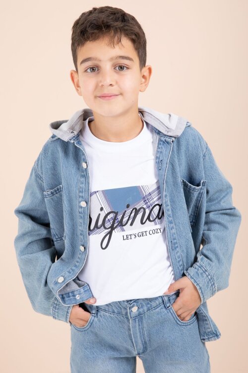 Mavi Kapüşonlu Ceketli Pantolonlu Erkek Çocuk 3lü Jean Takım  23624