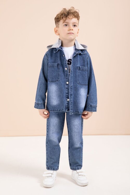 Mavi Kapüşonlu Jean Ceketli Pantolonlu Erkek Çocuk Baskılı Tişörtlü 3lü Takım 23616