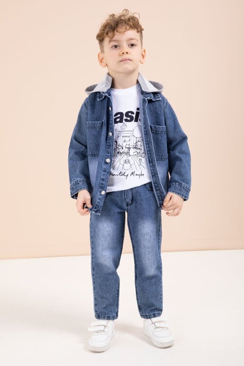 Mavi Kapüşonlu Jean Ceketli Pantolonlu Erkek Çocuk Baskılı Tişörtlü 3lü Takım 23616