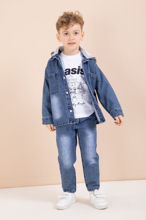 Mavi Kapüşonlu Jean Ceketli Pantolonlu Erkek Çocuk Baskılı Tişörtlü 3lü Takım 23616