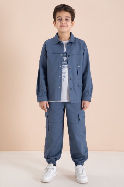 Mavi Kargo Cepli Jean Ceketli ve Pantolonlu Erkek Çocuk Tişörtlü 3lü Takım  23536