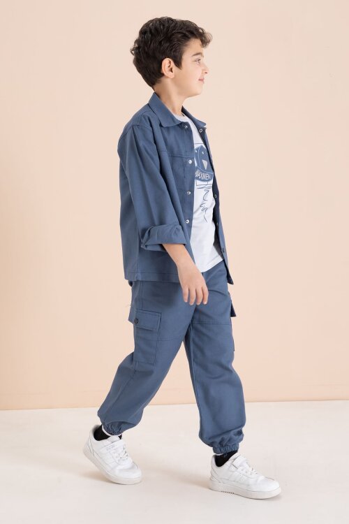 Mavi Kargo Cepli Jean Ceketli ve Pantolonlu Erkek Çocuk Tişörtlü 3lü Takım  23536