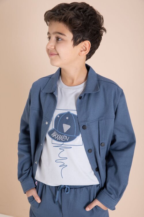 Mavi Kargo Cepli Jean Ceketli ve Pantolonlu Erkek Çocuk Tişörtlü 3lü Takım  23536