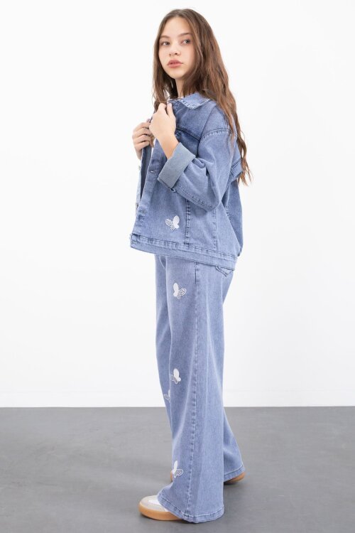 Mavi Kelebek Nakışlı Düğmeli Ceketli Pantolonlu Kız Çocuk Jean Takım 23446