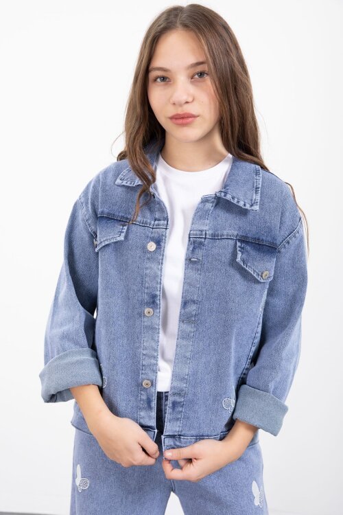 Mavi Kelebek Nakışlı Düğmeli Ceketli Pantolonlu Kız Çocuk Jean Takım 23446