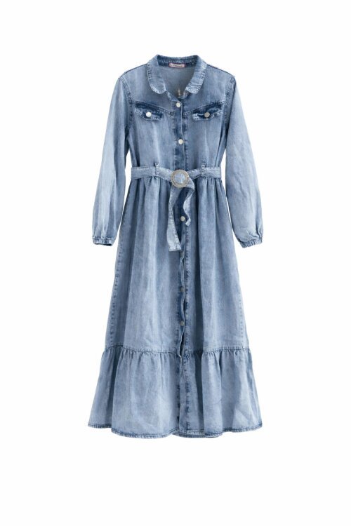 Mavi Kız Çocuk Kuşaklı Düğme Kapmalı Jean Elbise 20495