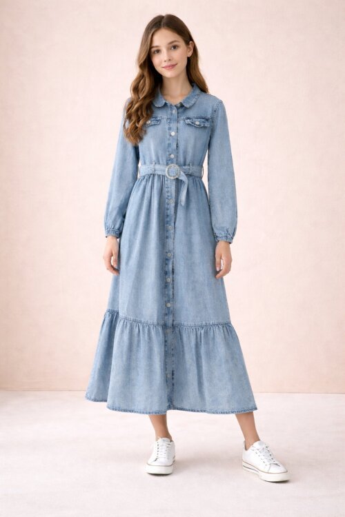 Mavi Kız Çocuk Kuşaklı Düğme Kapmalı Jean Elbise 20495