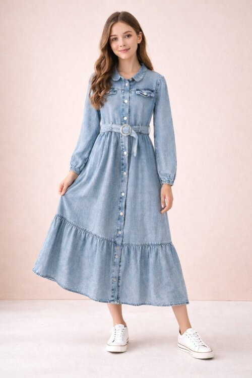 Mavi Kız Çocuk Kuşaklı Düğme Kapmalı Jean Elbise 20495
