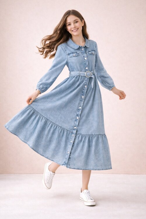 Mavi Kız Çocuk Kuşaklı Düğme Kapmalı Jean Elbise 20495