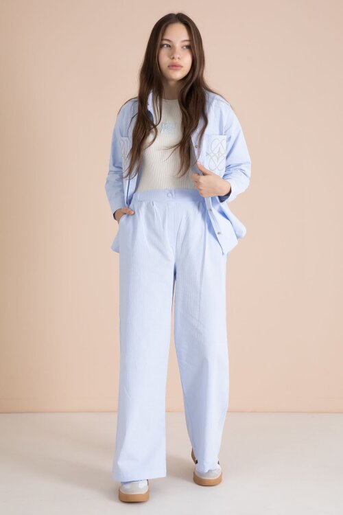 Mavi Nakışlı Gömlekli Badili Kız Çocuk 3lü Pantolonlu Takım 23561