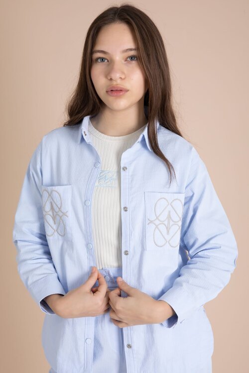 Mavi Nakışlı Gömlekli Badili Kız Çocuk 3lü Pantolonlu Takım 23561