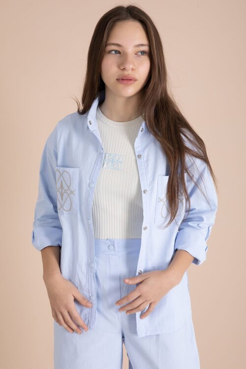 Mavi Nakışlı Gömlekli Badili Kız Çocuk 3lü Pantolonlu Takım 23561