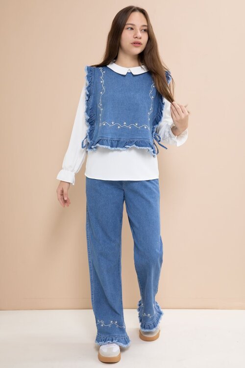 Mavi Nakışlı Jean Süveterli Püsküllü Pantolonlu 3lü Kız Çocuk Jean Takım  23483