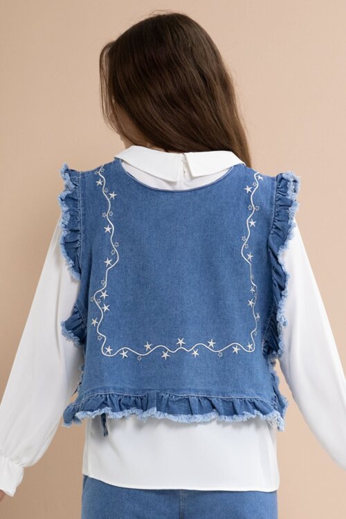 Mavi Nakışlı Jean Süveterli Püsküllü Pantolonlu 3lü Kız Çocuk Jean Takım  23483