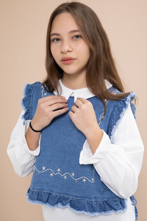 Mavi Nakışlı Jean Süveterli Püsküllü Pantolonlu 3lü Kız Çocuk Jean Takım  23483