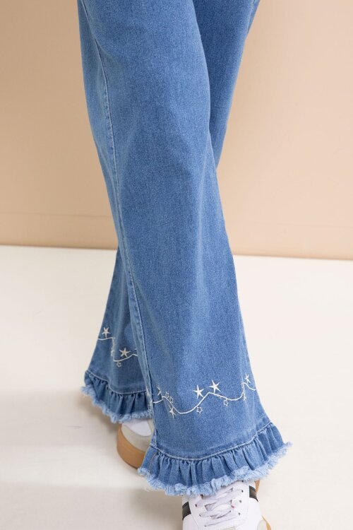 Mavi Nakışlı Jean Süveterli Püsküllü Pantolonlu 3lü Kız Çocuk Jean Takım  23483