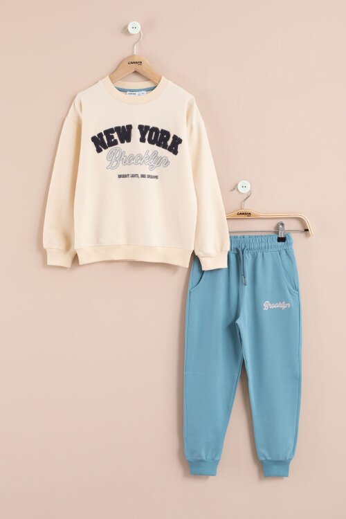 Mavi New York Yazılı Erkek Çocuk Bisiklet Yaka Eşofman Takımı 23394