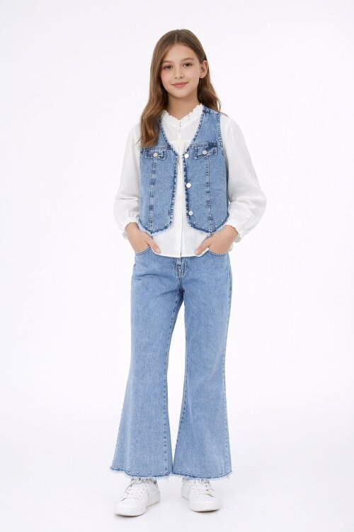 Mavi Püsküllü Jean Yelekli Fularlı Gömlekli Kız Çocuk 3lü Pantolonlu Takım 23767