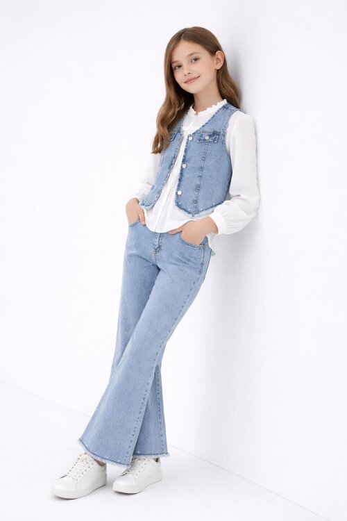 Mavi Püsküllü Jean Yelekli Fularlı Gömlekli Kız Çocuk 3lü Pantolonlu Takım 23767