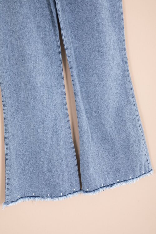 Mavi Püsküllü Jean Yelekli Fularlı Gömlekli Kız Çocuk 3lü Pantolonlu Takım 23767