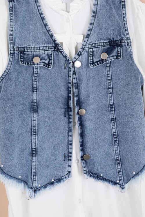 Mavi Püsküllü Jean Yelekli Fularlı Gömlekli Kız Çocuk 3lü Pantolonlu Takım 23767