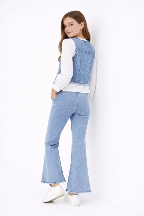 Mavi Püsküllü Jean Yelekli Fularlı Gömlekli Kız Çocuk 3lü Pantolonlu Takım 23767