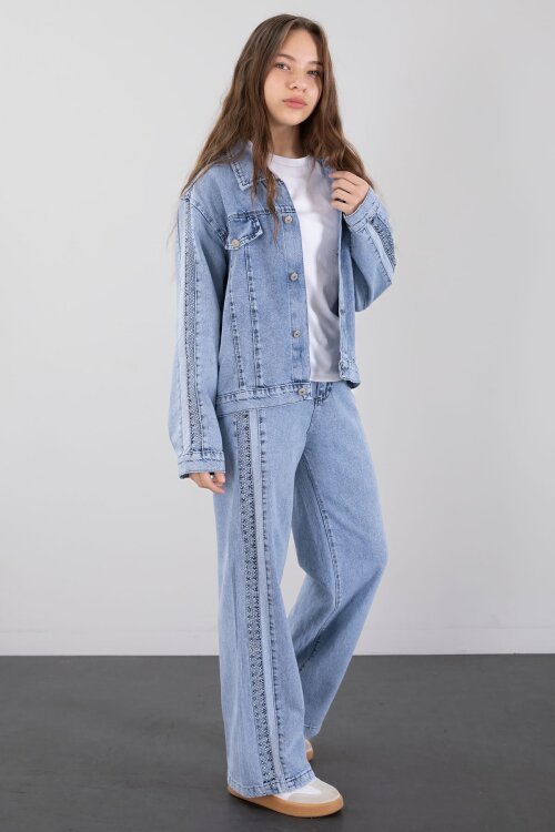 Mavi Taş Detaylı Düğmeli Ceketli Pantolonlu Kız Çocuk Jean Takım 23467