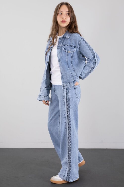 Mavi Taş Detaylı Düğmeli Ceketli Pantolonlu Kız Çocuk Jean Takım 23467