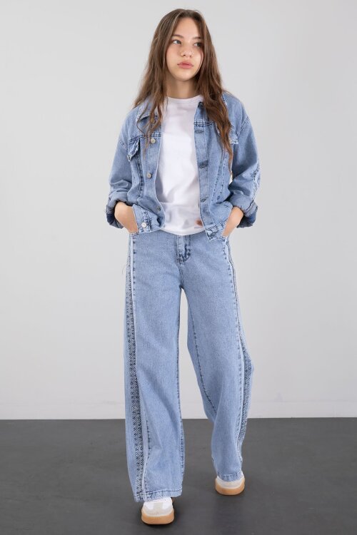 Mavi Taş Detaylı Düğmeli Ceketli Pantolonlu Kız Çocuk Jean Takım 23467